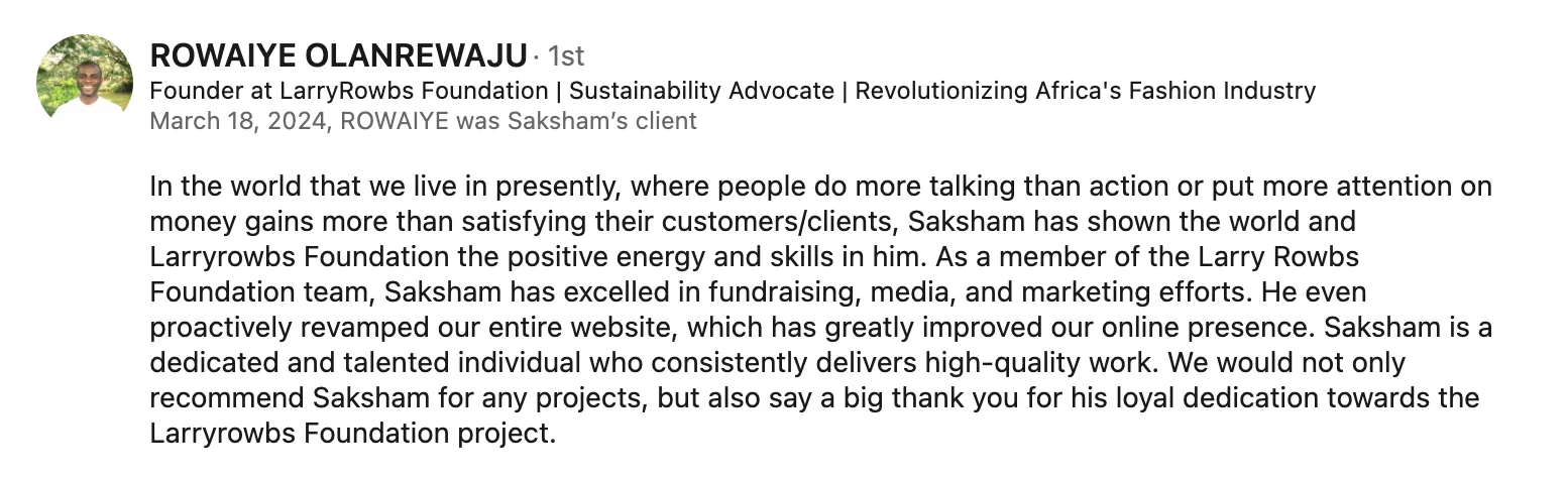 Testimonial from Rowaiye Olanrewaju